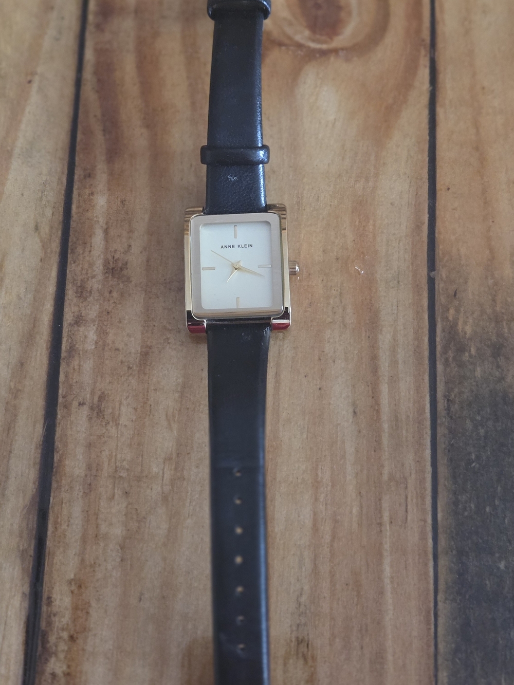 Anne Klein Black Leather Strap Watch with Gold-Tone Square Case